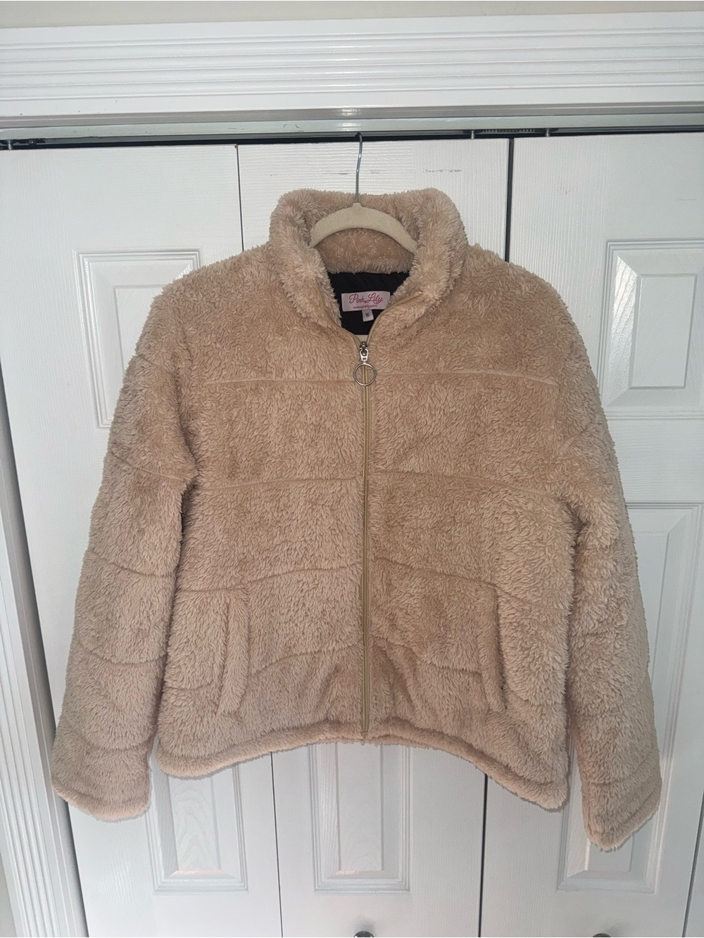 Pink Lily History of Us Tan Cream Puffer Sherpa Zip Up Jacket with Pockets - Picture 2 of 4